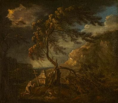 A Monk by a Wayside Shrine in a Storm, Salvator Rosa